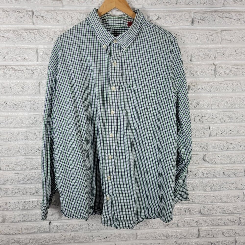 Izod Mens Shirt 3XL Long Sleeve Button Up Casual Green Blue Plaid Cotton PLA22E